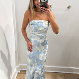 BLUE FLORAL SATIN STRAPLESS MAXI DRESS