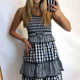 CHECKERED BELT RUFFLE MIDI DRESS