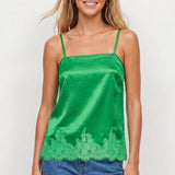 Square Neck Lace Trim Satin Cami: Black / M