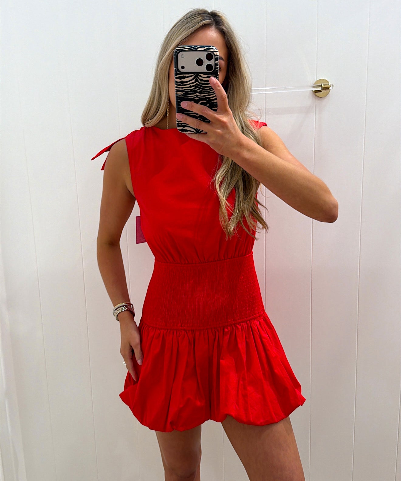 LBK RED NECKLINE SMOCKED DRESS