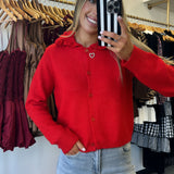 Red Ruffled Cardigan Sweater