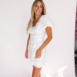 WHITE 3D FLORAL APPLIQUE MINI DRESS