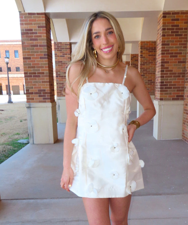 CREAM 3D FLORAL CHARM SATIN MINI DRESS