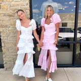 WHITE FRONT BUTTON TIERED MAXI DRESS (size large left)