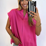 FUCHSIA V NECK SHORT SLEEVE TOP