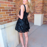 Black Square Neckline 3D Floral Embroidered Dress