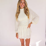 CREAM LONGSLEEVE PLEATED DRESS