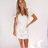 WHITE 3D FLORAL APPLIQUE MINI DRESS