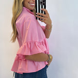 PINK RUFFLE DETAILED BUTTON UP TOP  (size medium left)