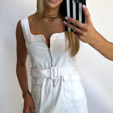 WHITE FRONT ZIP BELTED MINI DRESS