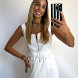 WHITE FRONT ZIP BELTED MINI DRESS