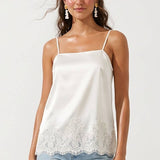 Square Neck Lace Trim Satin Cami: Black / L