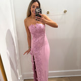 PINK STRAPLESS 3D FLORAL MAXI DRESS