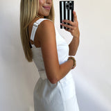 WHITE FRONT ZIP BELTED MINI DRESS