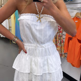 WHITE STRAPLESS TIE RUFFLE ROMPER