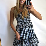CHECKERED BELT RUFFLE MIDI DRESS