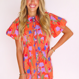 FLORAL MIX PUFF SLEEVE COLLARED MINI DRESS