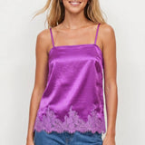 Square Neck Lace Trim Satin Cami: Black / M