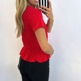 RED SOLID SMOCKED DETAIL TOP