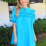 TURQUOISE PUFF SLEEVE RUFFLE DRESS (size large left)