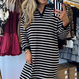 BLACK + CREAM STRIPED COLLARED DRESS