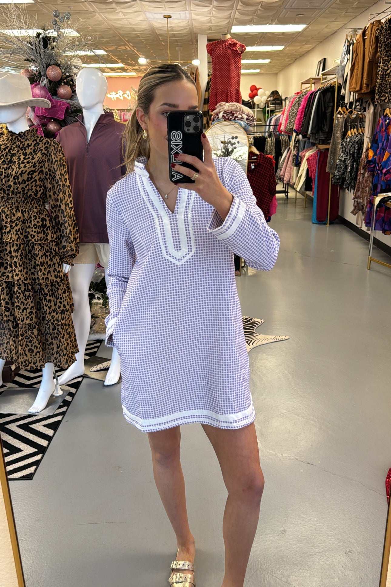 LAVENDER GINGHAM TEXTURED DRESS