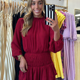 BURGUNDY RUFFLE LONGSLEEVE DRESS