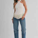 Cream Fringe Halter Top
