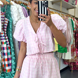 PINK PLAID TIE STRETCH SET