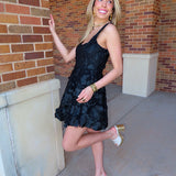 Black Square Neckline 3D Floral Embroidered Dress