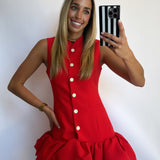 RED BUBBLE HEM BUTTONED MINI DRESS
