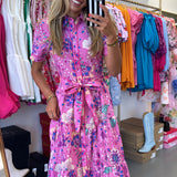 FLORAL WOVEN MIDI TIE DRESS