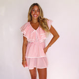 PINK PIN STRIPED DOUBLE RUFFLE MINI DRESS (size large left)