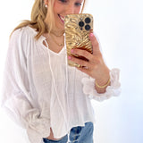 WHITE CROCHET BELL SLEEVE TOP