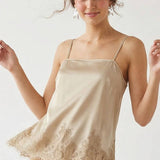 Square Neck Lace Trim Satin Cami: Black / M