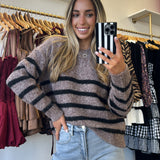 Mocha Soft Fuzzy Striped Sweater