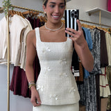 Cream Tweed Square Neck Bow Mini Skirt Set