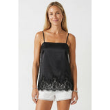 Square Neck Lace Trim Satin Cami: Black / L