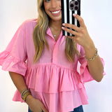 PINK RUFFLE DETAILED BUTTON UP TOP  (size medium left)