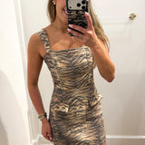 TIGER PRINT DENIM SQUARE NECK MINI DRESS