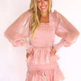 ROSE SHEEN SMOCKED LONG SLEEVE MINI DRESS