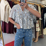 Silver Sequin V Neck Blouse