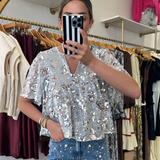 Silver Sequin V Neck Blouse