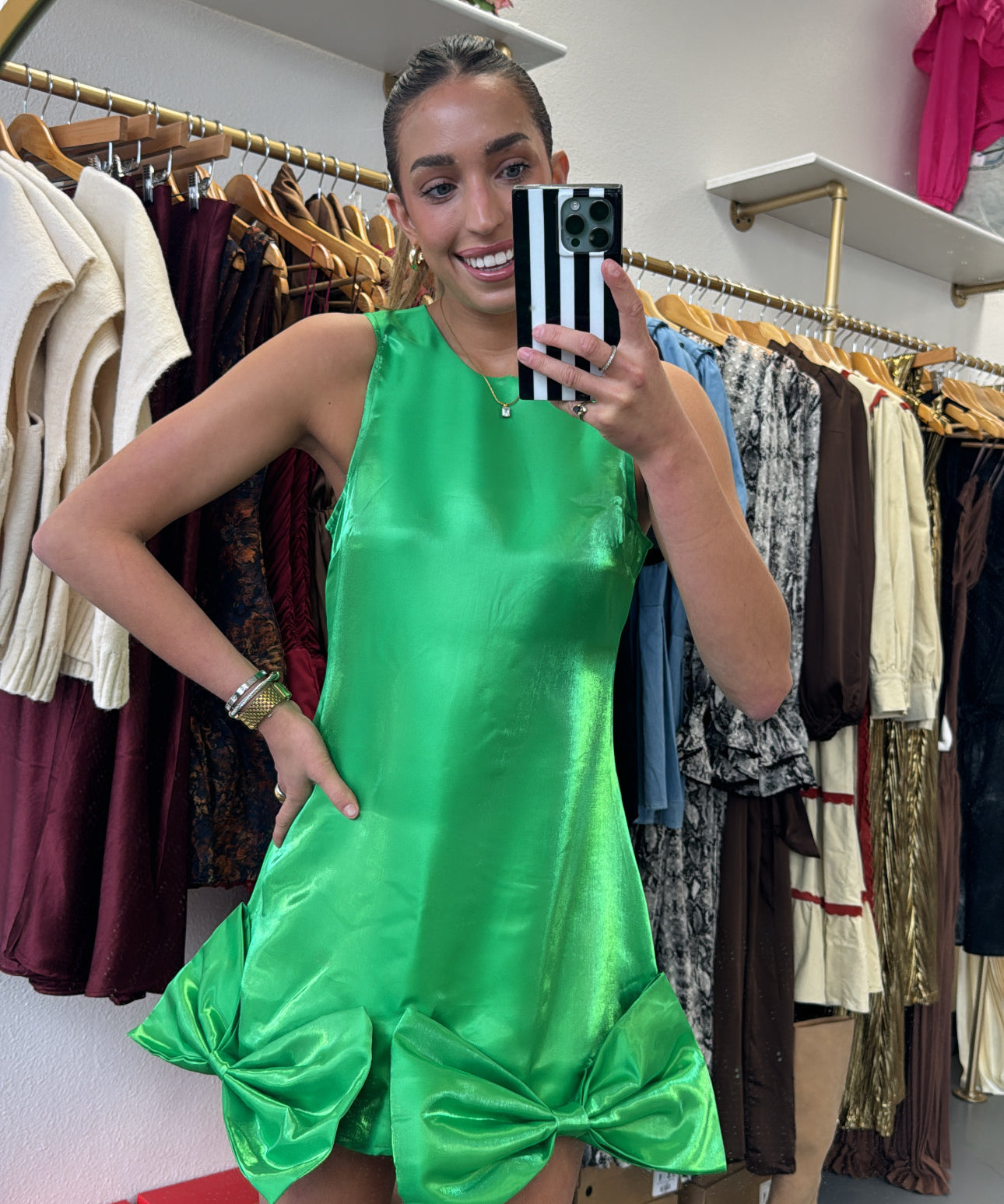 Green Metallic Bow Mini Dress