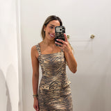 TIGER PRINT DENIM SQUARE NECK MINI DRESS