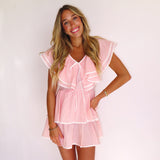 PINK PIN STRIPED DOUBLE RUFFLE MINI DRESS (size large left)