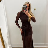 CHOCOLATE LONGSLEEVE SHEER MAXI DRESS