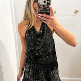 BLACK HALTER MINI CRISS CROSS SEQUIN DRESS