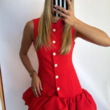 RED BUBBLE HEM BUTTONED MINI DRESS