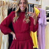 BURGUNDY RUFFLE LONGSLEEVE DRESS